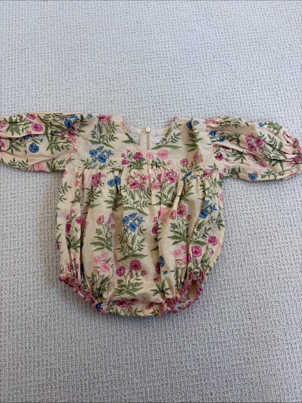 Pink Chicken Cream Floral Bubble Romper with Pink & Blue Flowers